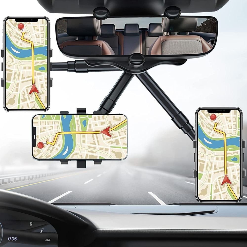 360-Degree Rotating Car Rearview Mirror Phone Mount with Retractable Arm