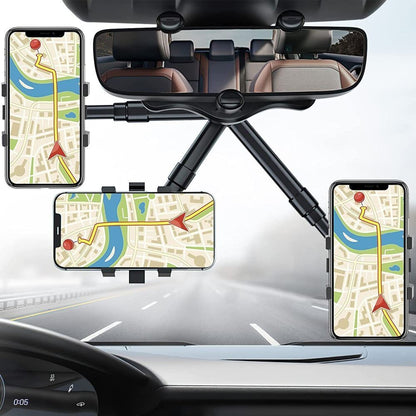 360-Degree Rotating Car Rearview Mirror Phone Mount with Retractable Arm