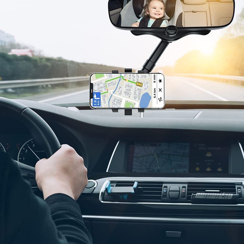 360-Degree Rotating Car Rearview Mirror Phone Mount with Retractable Arm