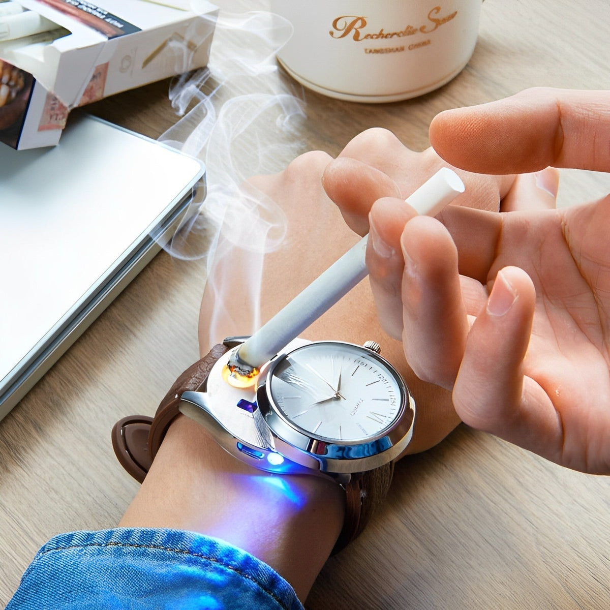 Windproof Electric Lighter with Quartz Watch for Men – USB Rechargeable Metal Design
