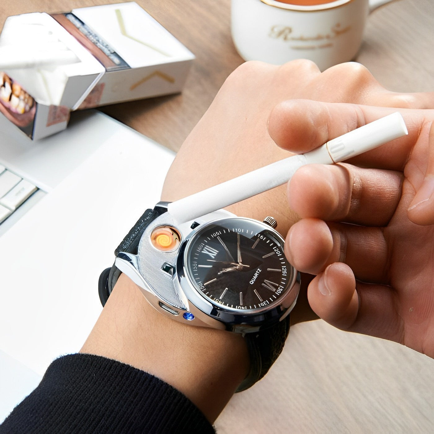 Windproof Electric Lighter with Quartz Watch for Men – USB Rechargeable Metal Design
