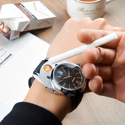Windproof Electric Lighter with Quartz Watch for Men – USB Rechargeable Metal Design