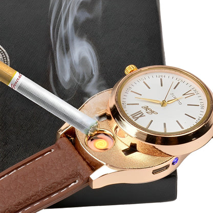 Windproof Electric Lighter with Quartz Watch for Men – USB Rechargeable Metal Design
