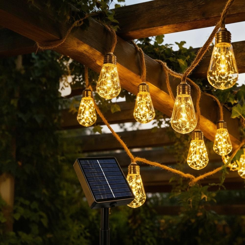 Outdoor Solar String Lights with Hemp Rope – 8 Lighting Modes, IP65