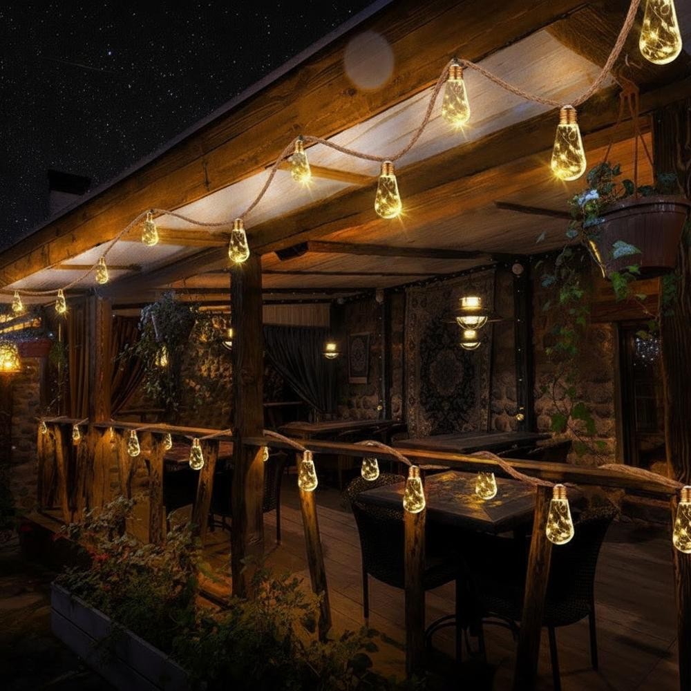 Outdoor Solar String Lights with Hemp Rope – 8 Lighting Modes, IP65