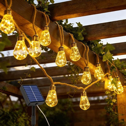 Outdoor Solar String Lights with Hemp Rope – 8 Lighting Modes, IP65