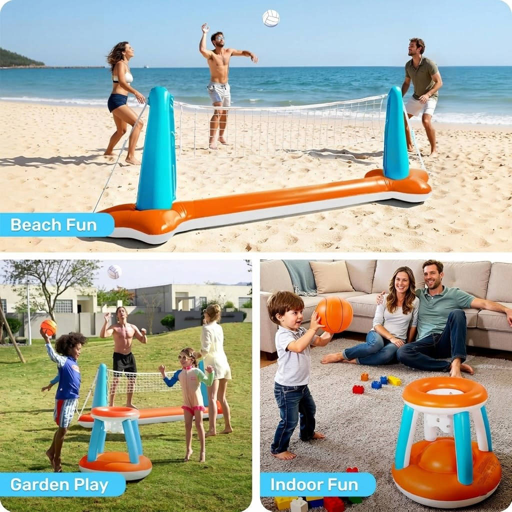 Versatile Inflatable Pool Game Set: Volleyball & Basketball Fun