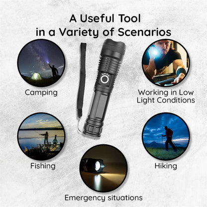 Rechargeable LED Flashlight with Telescopic Zoom, 5 Modes, IPX-6 Waterproof