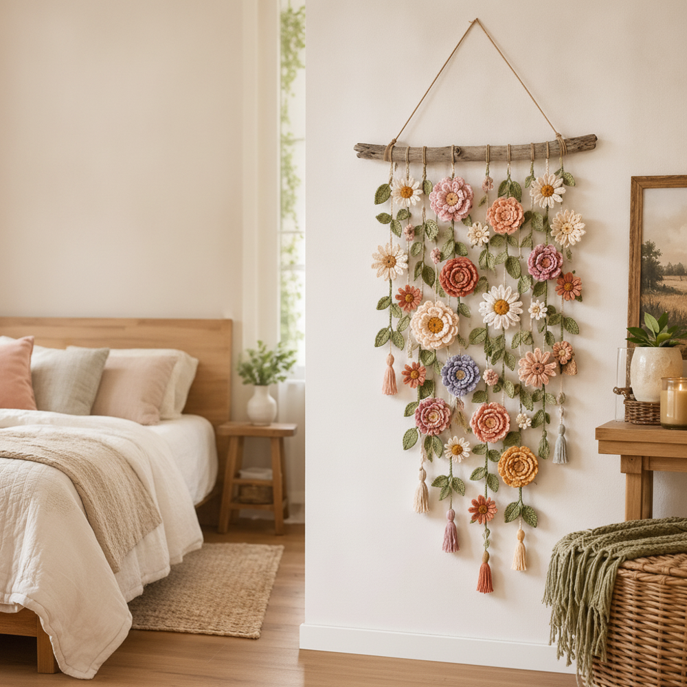 Wall Decor with Crocheted Floral Design and Tassels