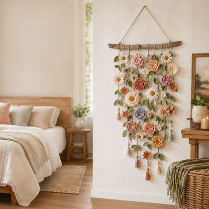Wall Decor with Crocheted Floral Design and Tassels