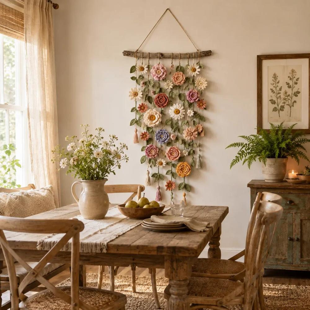 Wall Decor with Crocheted Floral Design and Tassels