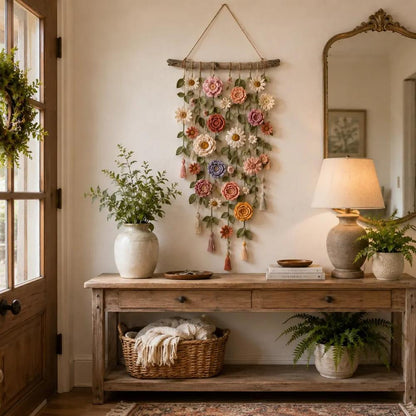 Wall Decor with Crocheted Floral Design and Tassels
