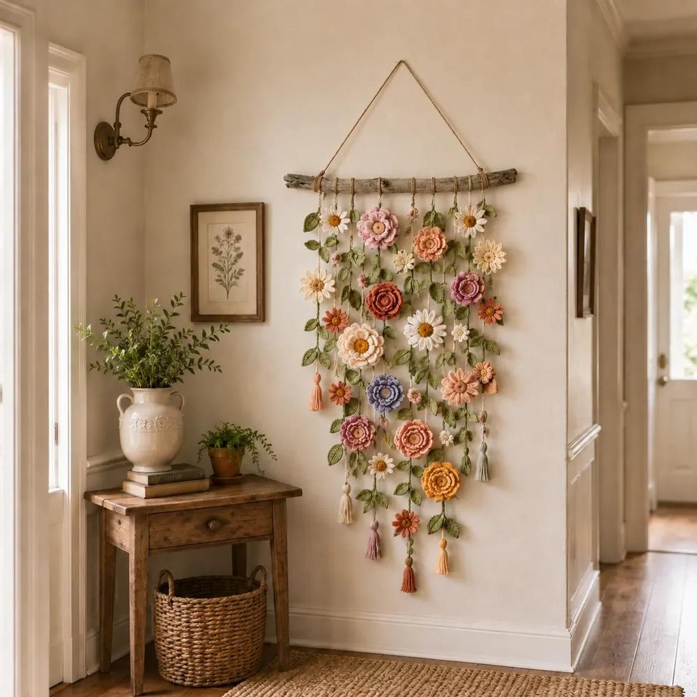 Wall Decor with Crocheted Floral Design and Tassels