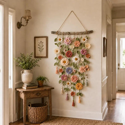 Wall Decor with Crocheted Floral Design and Tassels