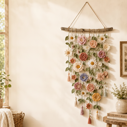 Wall Decor with Crocheted Floral Design and Tassels