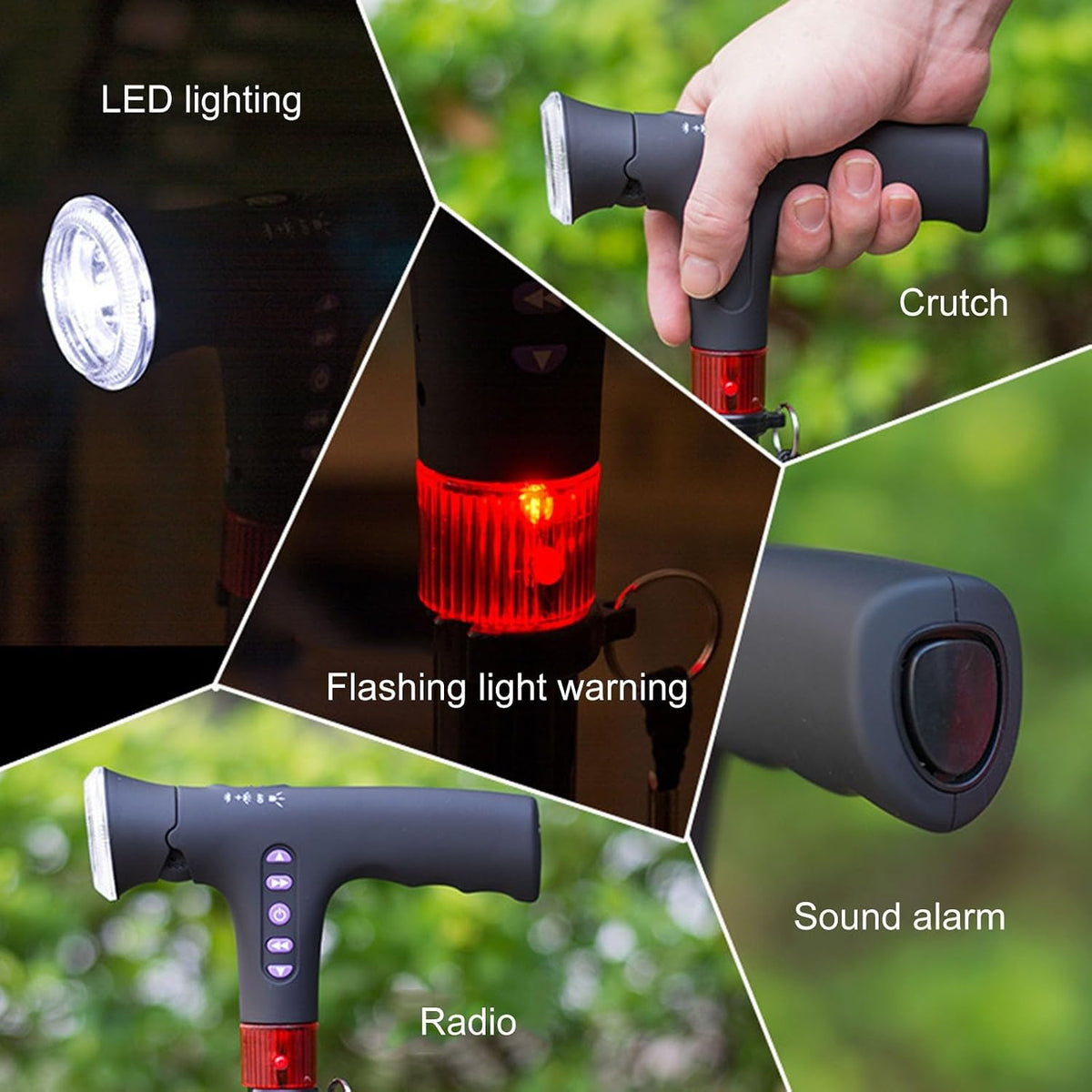Height Adjustable Walking Cane with Automatic Fall Alert and LED Light