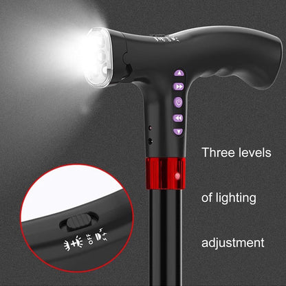 Height Adjustable Walking Cane with Automatic Fall Alert and LED Light