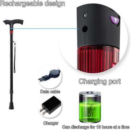 Height Adjustable Walking Cane with Automatic Fall Alert and LED Light