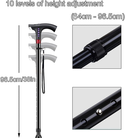Adjustable Height Walking Cane with LED Light and Radio for Safety