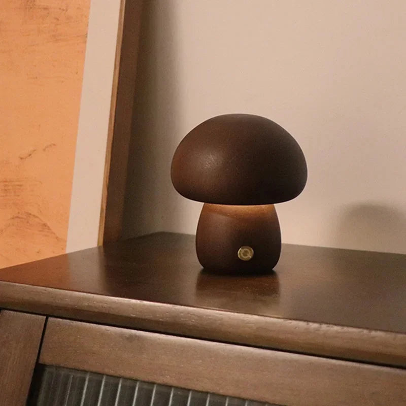 Rechargeable Touch-Controlled Wooden Mushroom Night Lamp
