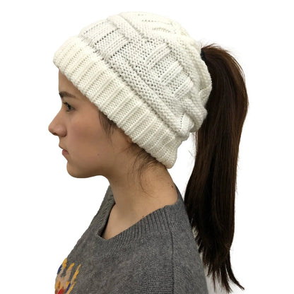 Knit Winter Hat for Women with Messy Bun Hole – Stretchy Beanie in 4 Colors