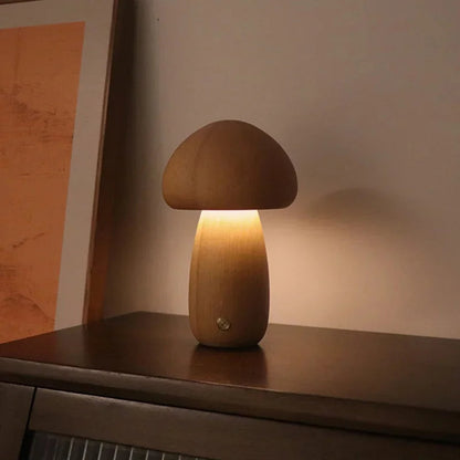 Rechargeable Touch-Controlled Wooden Mushroom Night Lamp