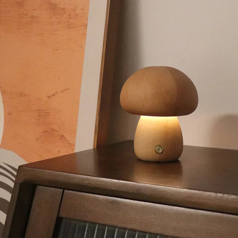 Rechargeable Touch-Controlled Wooden Mushroom Night Lamp