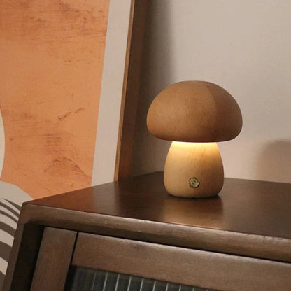 Rechargeable Touch-Controlled Wooden Mushroom Night Lamp