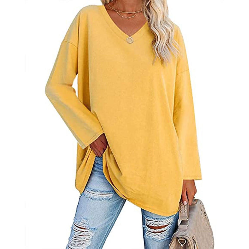 Casual Long Sleeve V-Neck Tee for Women, Flared Hem Cotton Blend Top
