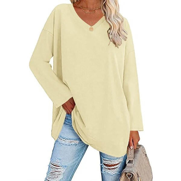Casual Long Sleeve V-Neck Tee for Women, Flared Hem Cotton Blend Top