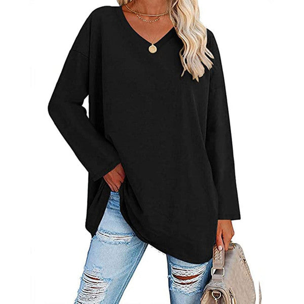 Casual Long Sleeve V-Neck Tee for Women, Flared Hem Cotton Blend Top