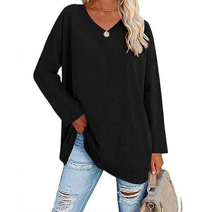 Casual Long Sleeve V-Neck Tee for Women, Flared Hem Cotton Blend Top