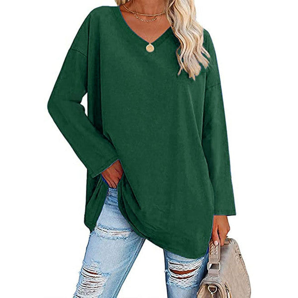 Casual Long Sleeve V-Neck Tee for Women, Flared Hem Cotton Blend Top