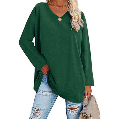 Casual Long Sleeve V-Neck Tee for Women, Flared Hem Cotton Blend Top