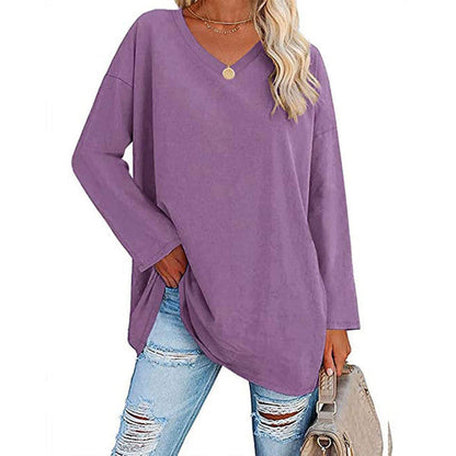 Casual Long Sleeve V-Neck Tee for Women, Flared Hem Cotton Blend Top