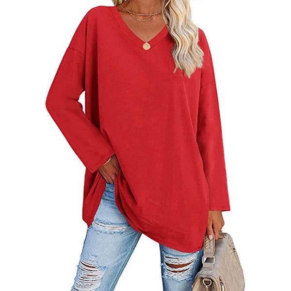 Casual Long Sleeve V-Neck Tee for Women, Flared Hem Cotton Blend Top