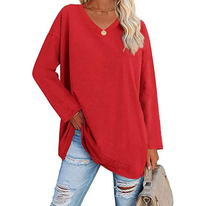 Casual Long Sleeve V-Neck Tee for Women, Flared Hem Cotton Blend Top