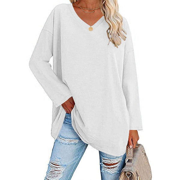Casual Long Sleeve V-Neck Tee for Women, Flared Hem Cotton Blend Top