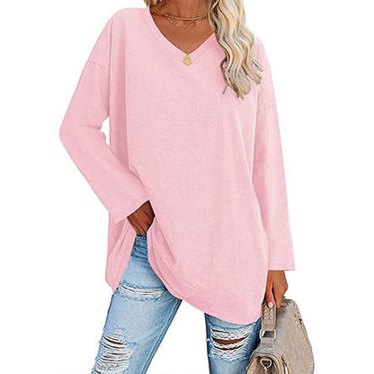 Casual Long Sleeve V-Neck Tee for Women, Flared Hem Cotton Blend Top