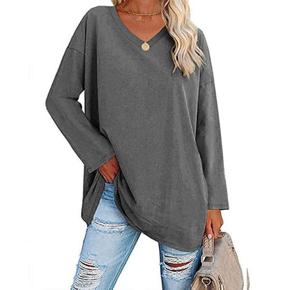 Casual Long Sleeve V-Neck Tee for Women, Flared Hem Cotton Blend Top