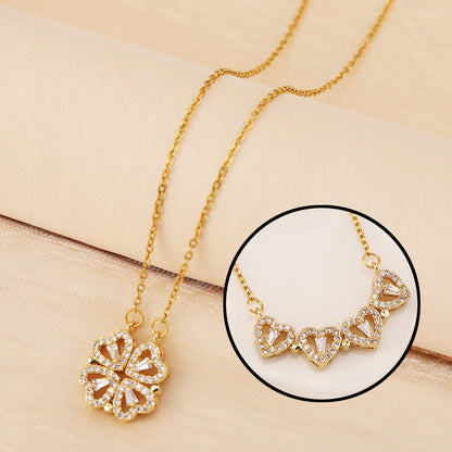 Clover Heart Pendant Necklace with Everlasting Roses & Gift Box